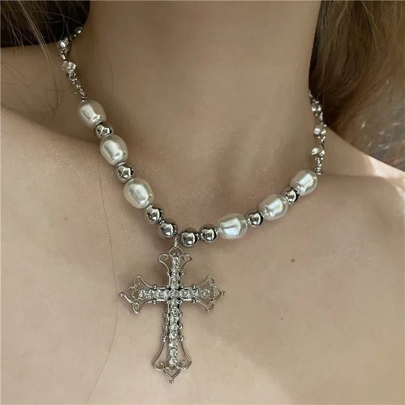 Y2K Pearl Cross Pendant Necklace Women Punk Retro Women Religious Zircon Chain Necklaces Girls Hip Hop Party Trendy Jewelry Gift