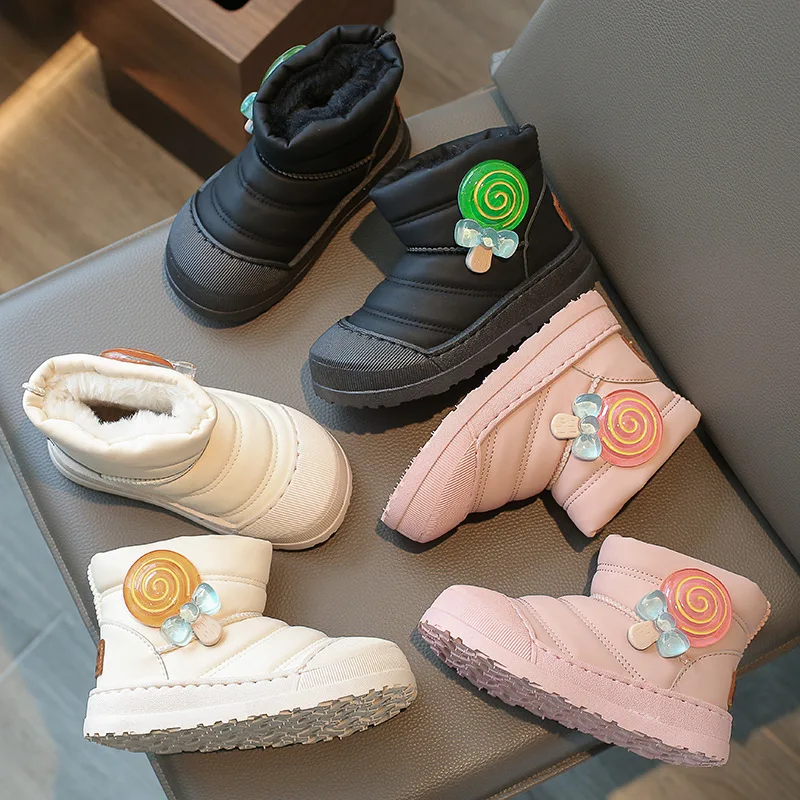 Botas de nieve de cuero impermeables para niños y niñas, botines de felpa gruesa y cálida, zapatos de algodón, botines antideslizantes suaves, moda de invierno