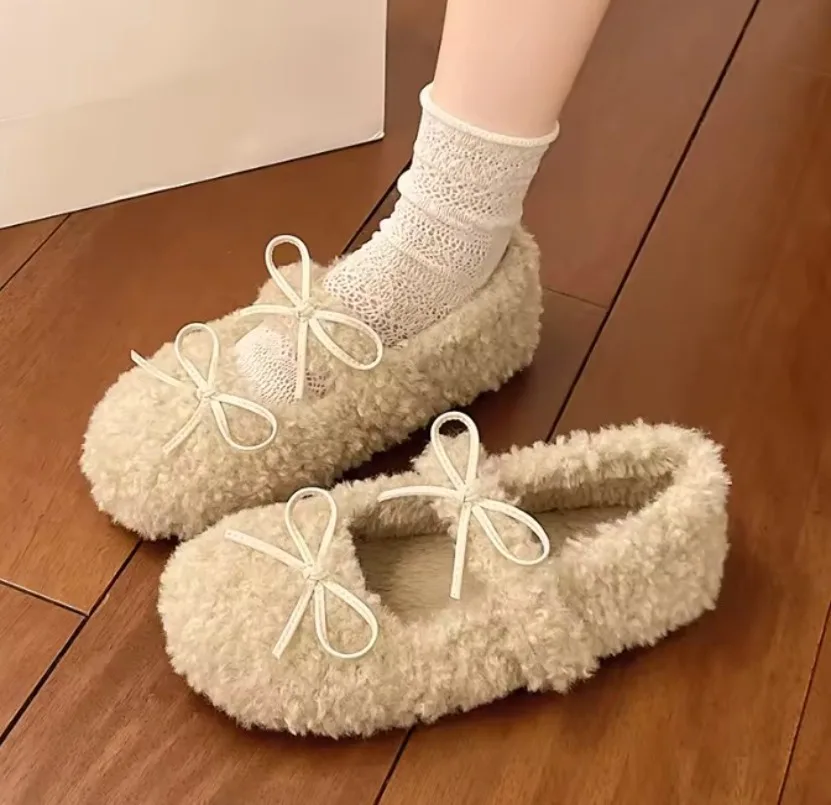 Women's Bowknot Shearling Ballet Flats Keep Warm Boots  Rabbit Fur Plush Lined Crystal Buckle Woman Mary Jane Shoe Woman Booties
