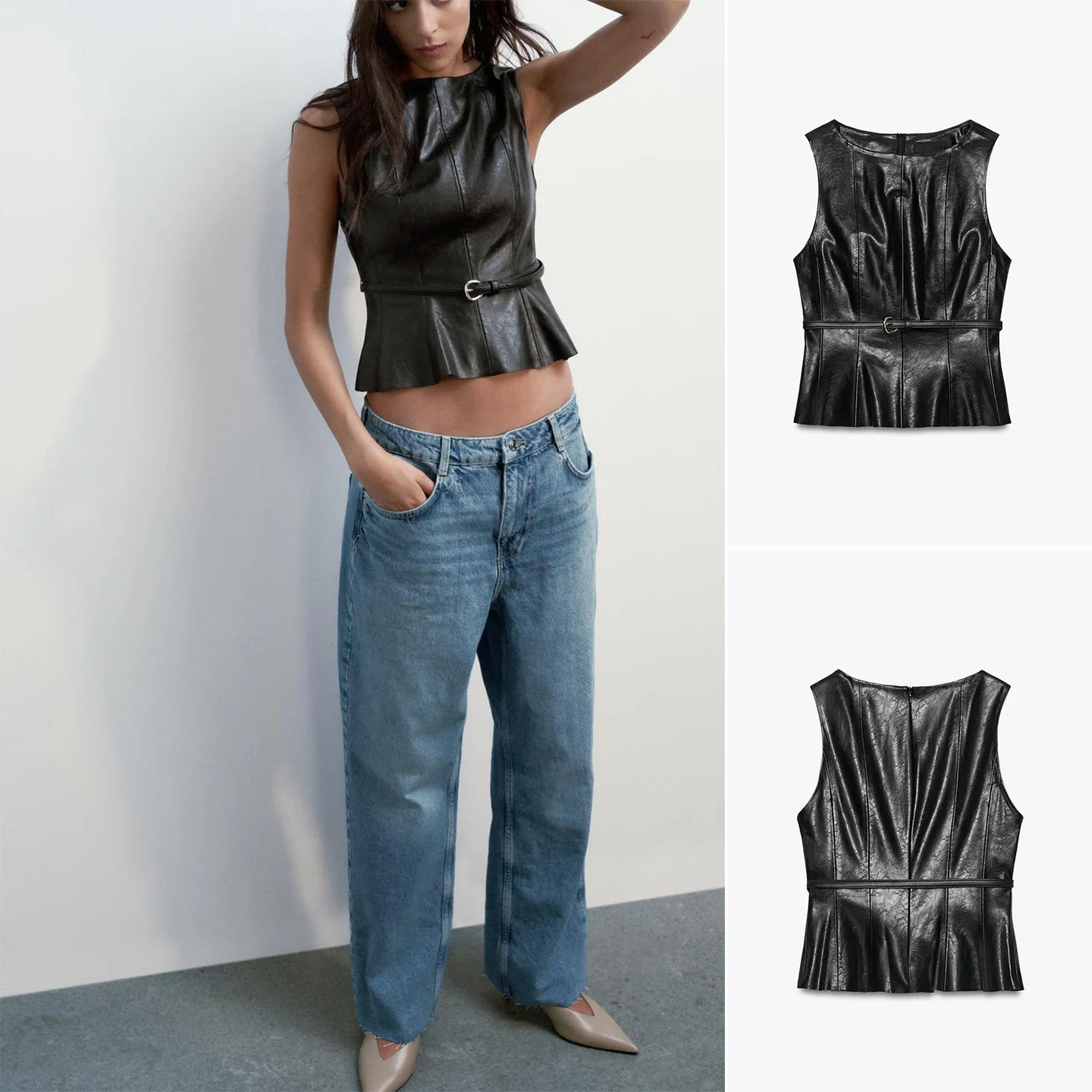 

New Autumn Women's Faion One-oulder Svel PU Leather Effect Top with Belt Original Design round Ne Regular Length