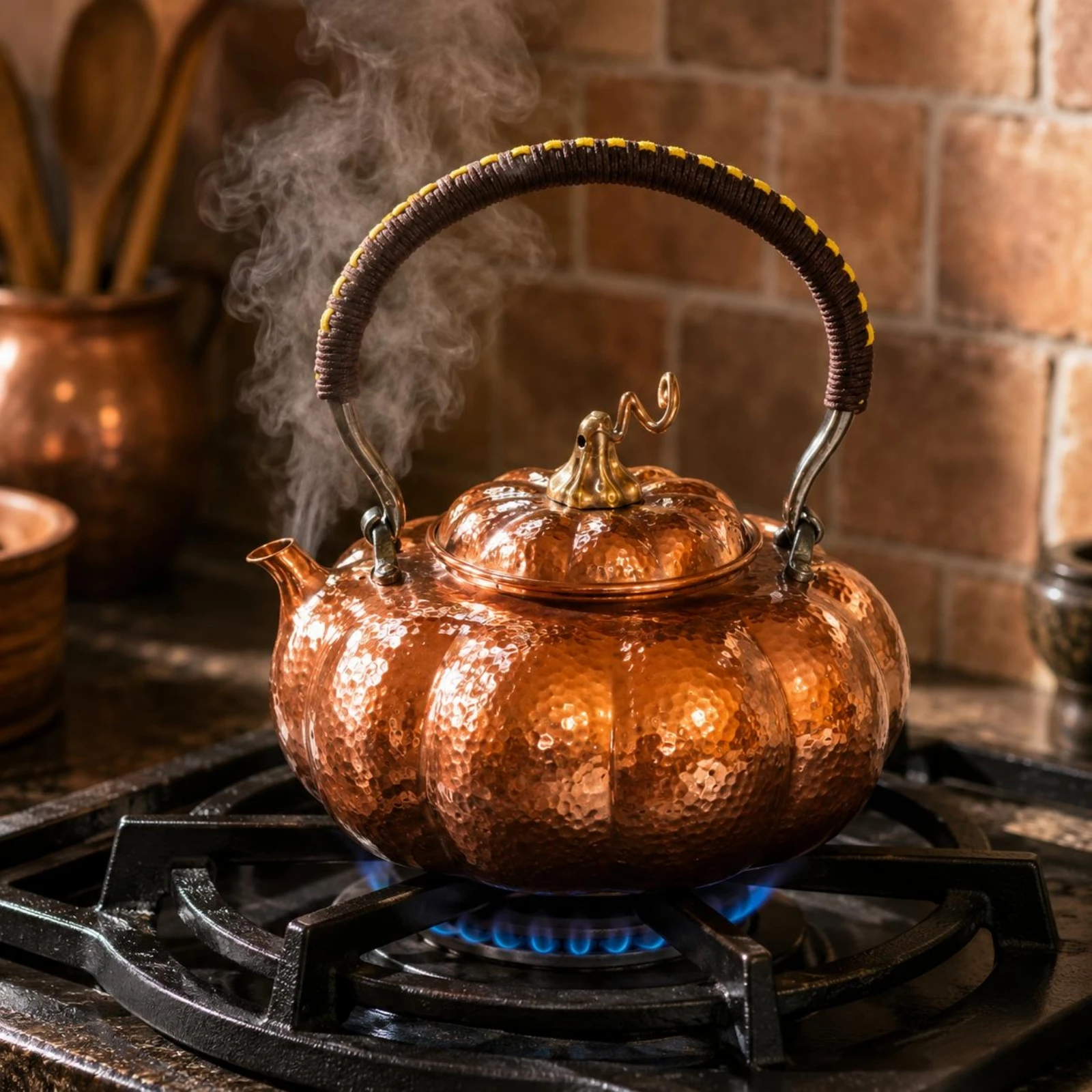 Pumpkin-Shaped Teapot Baked-Color Finish Copper Tea Pot