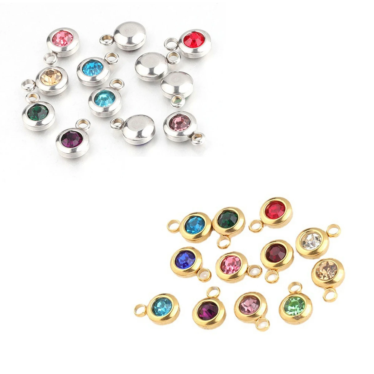 10Pcs/Lot Stainless Steel Birthstone Charms 6.5mm Rhinestones Month Birthstone Charms For DIY Jewelry Making Necklace