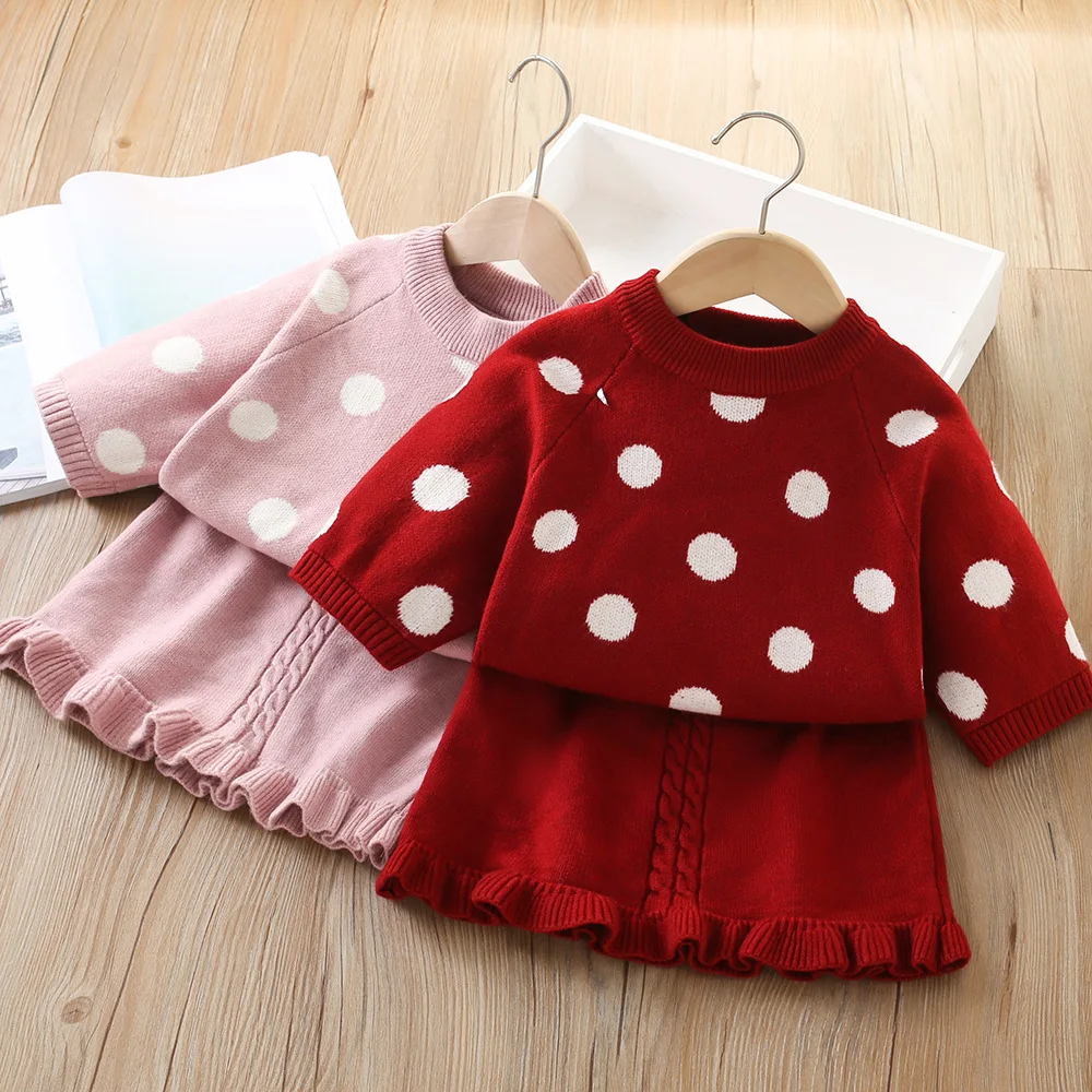 

Girls Knitted Clothes Sets Spring Autumn Children Woolen Jersey Sweaters Tops Skirts 2pcs Dress Suit For Baby Outfits Kids 5 6Y