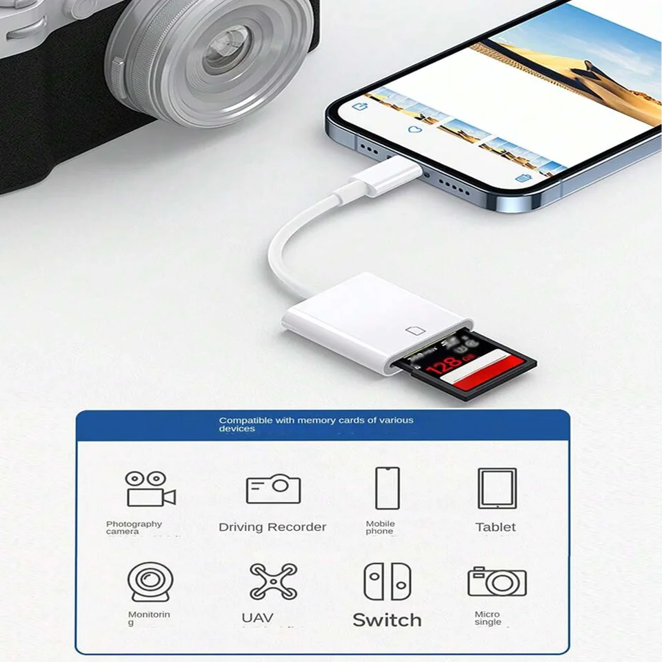 ﻿   Adaptador de lector de tarjetas SD Lightning, transferencia de datos de tarjeta de memoria de alta velocidad para iPhone, iPad, MacBook, cámara, portátil, almacenamiento de fotos y vídeos