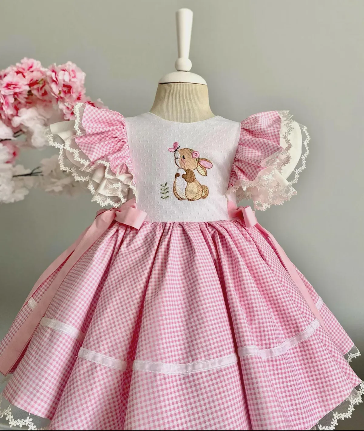 Summer Girl Rabbit Embroidered Bow Lace Pink Checkered Puffy Dress For Casual Party Birthday Wedding Photography B751