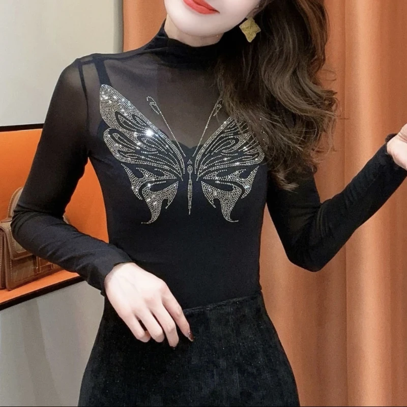 Autumn All-match Mesh Hot Drilling Butterfly Sexy Micro-transparent Long-sleeved T-shirt 2-sided Wear Fashionable Elegant Top