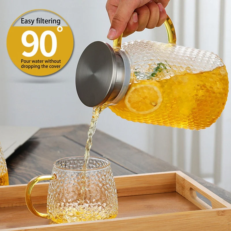 2X Water Jug, 1.9L Glass Jug, Water Jug For Fridge, Jug With Lid, Heat Resistant Pitcher, Glass Water Jug