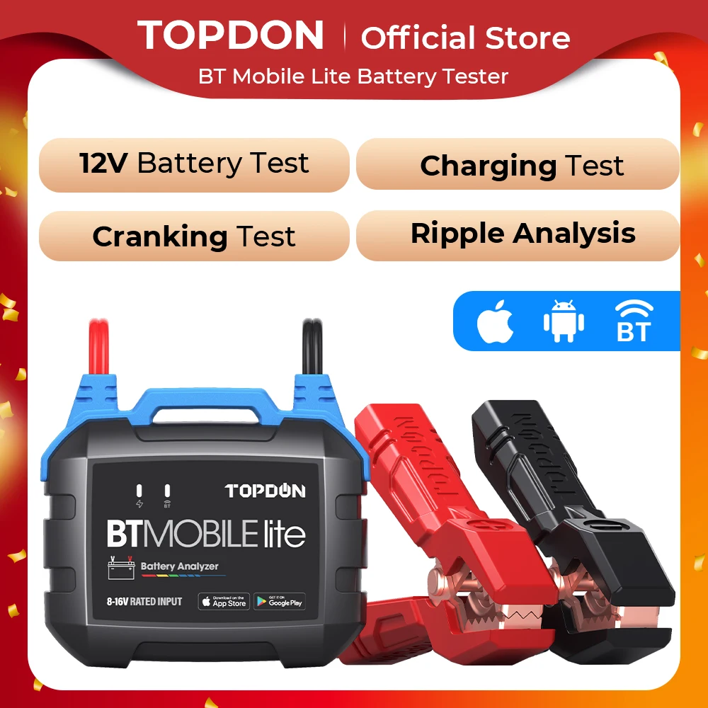 TOPDON BTMobile Lite Bluetooth Car Battery Tester 12V Wireless Cranking Charger Circut Tester Auto Analyzer Vehicle 100-2000CCA