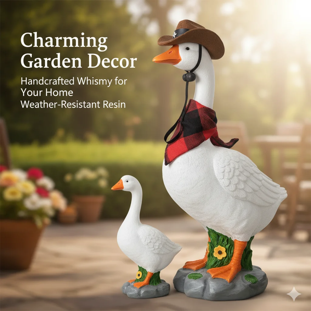 Lifelike Cowboy Family White Goose Statue Waterproof Resin Garden Ornament for Porch Lawn Yard Outdoor Housewarming Decor