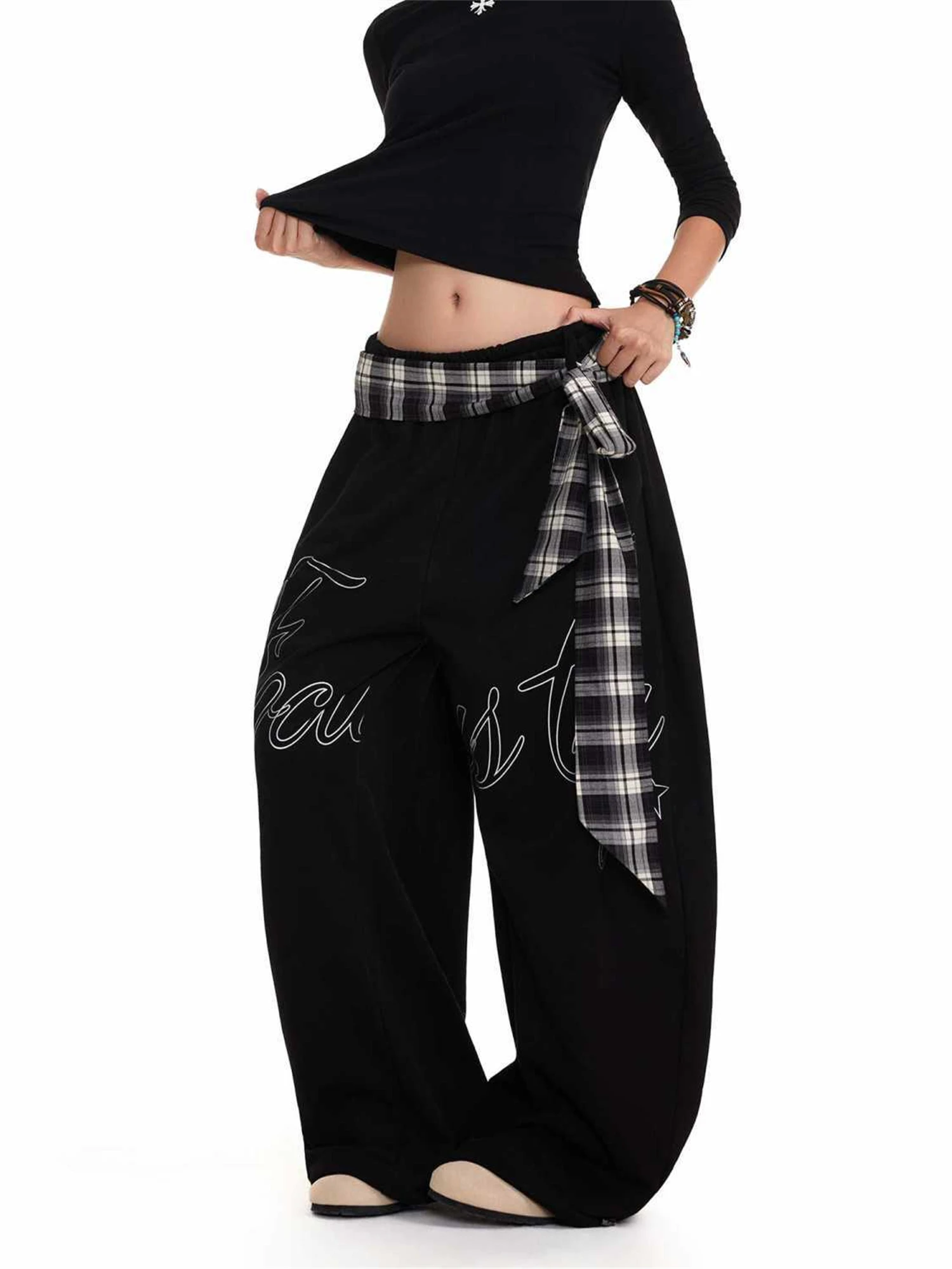 Y2K Women's Loose Wide Leg Pants Casual Black Trousers with Letter Print High Waist Comfy Streetwear Dance Pants