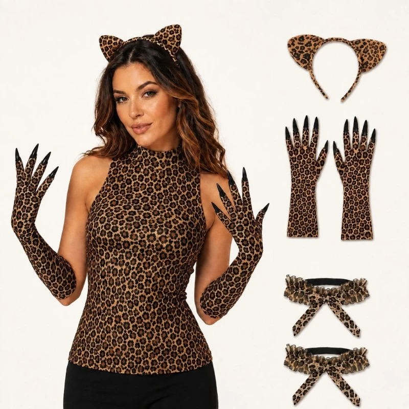 Q39C Animal Print Costume Set for Halloween with Ear Accessory, Phone Use Claw Gloves and Ruffled Leg Garters
