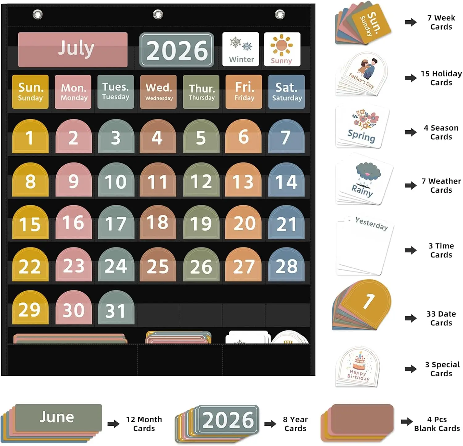 Large Boho Calendar Pocket Chart with 96 Cards for Classroom, Size:32.25 X 24.125 inch Black Monthly Calendar and Weather Pocket Chart for Student Learning for Home or School