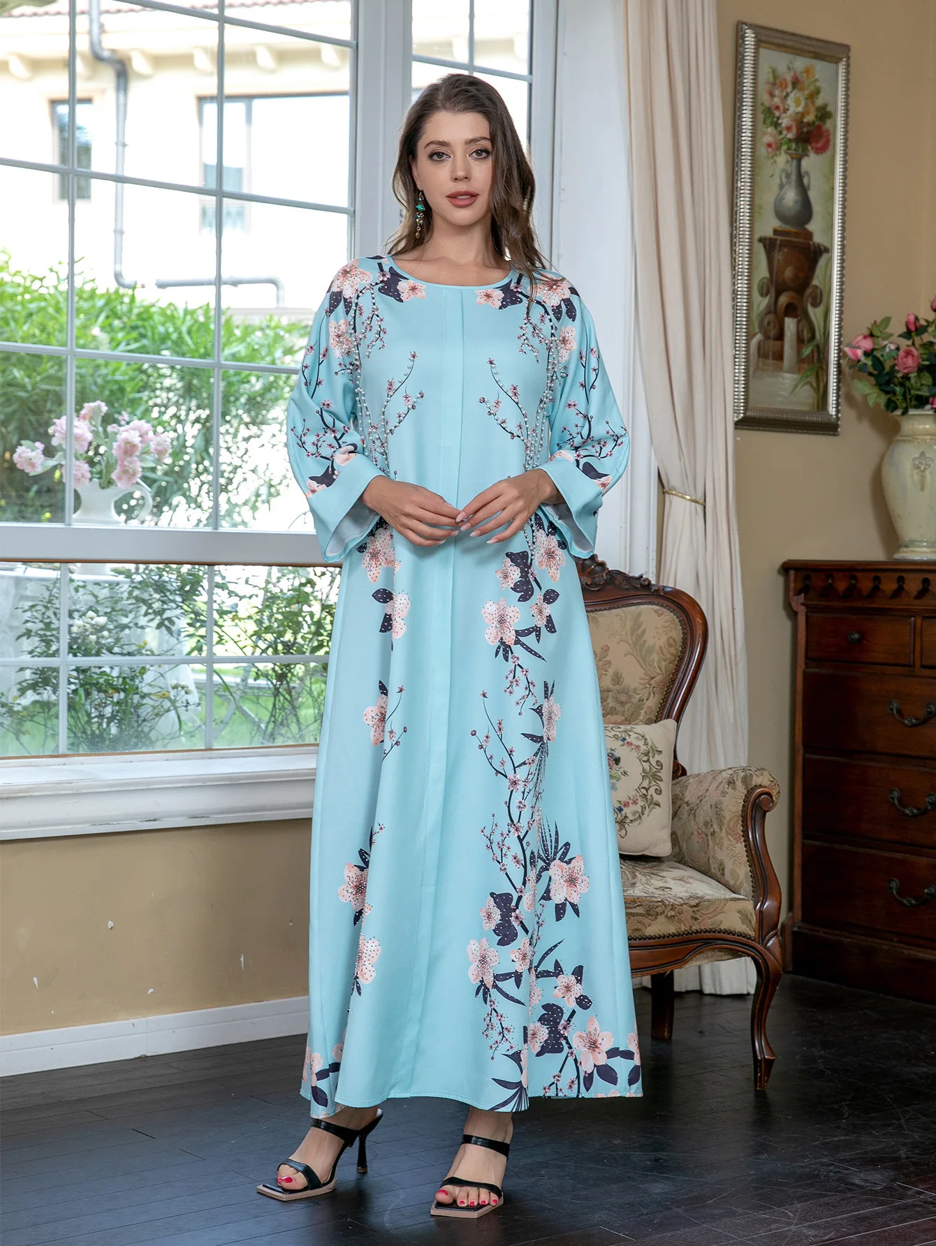 SW0904 Muslimisches Kleid mit Rundhalsausschnitt, Dubai Abaya, heißes Kleid mit Diamantperlenmuster