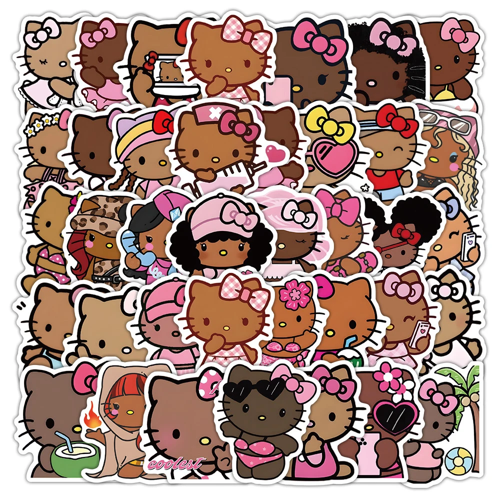 

10/30/56pcs Cute Black Skin Hello Kitty Stickers Kawaii Creative Sanrio Cartoon Decals Kids Toy Luggage Phone Scrapbook Sticker