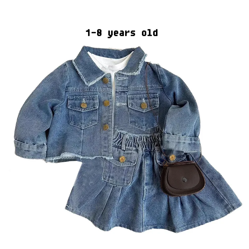 Baby Girl Vintage Denim Jacket Suit2024Spring and Autumn Girls' Denim Skirt Western Style Two-Piece Suit