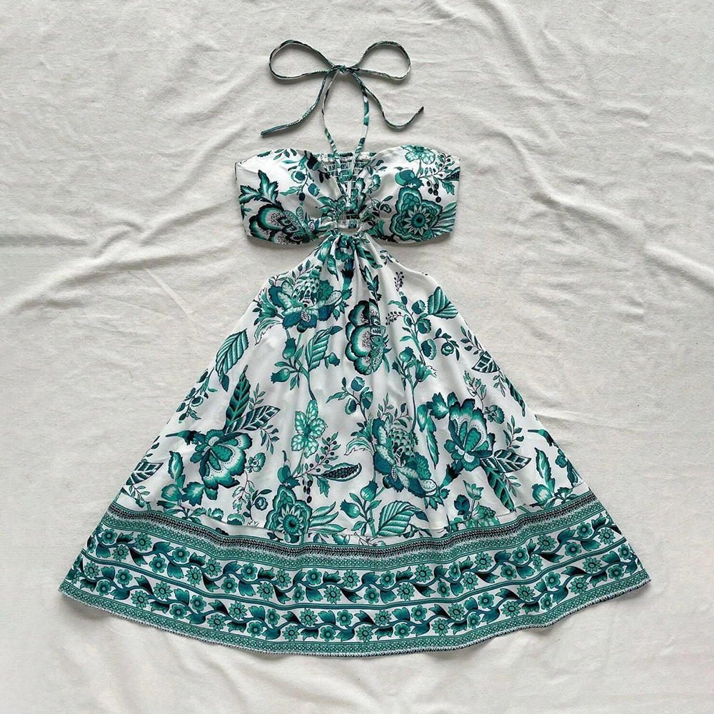 فساتين الربيع الصيف مثير لائق الأزهار أكمام الرسن الرقبة البسيطة عطلة فساتين كامي للنساء #3