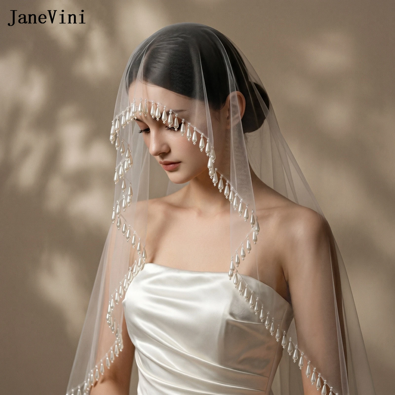 

JaneVini 2026 Luxury Bridal Veils with Pearls Edge 1 Tier Tulle Short Veil Bride Headpiece without Comb Wedding Hair Accessories