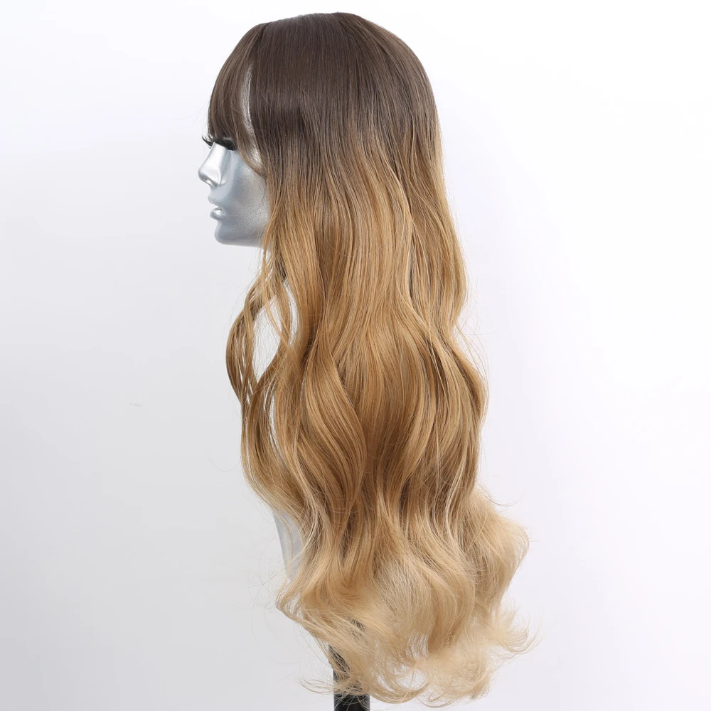 Sivir Synthetic Long Wavy  Wigs for Women Khaki Gradient Color With Bangs Heat Resistant Fiber Full Mechanism Wig Cosplay/Daily