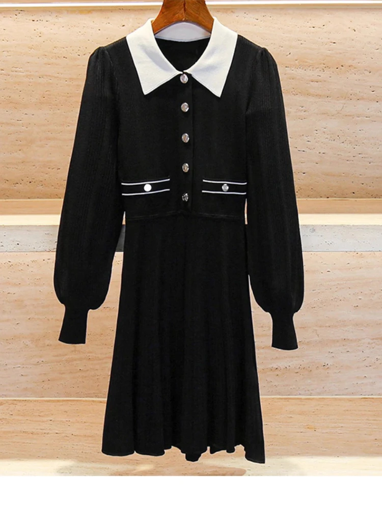 Lantern Sleeve A-Line Pleated Knitted Women's Dress S French New Contrast Turn-Down Collar High Waist Short Robe Skirt