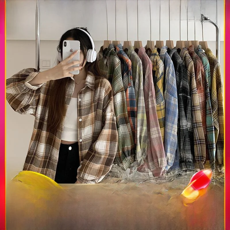 American Retro Plaid Long Sve irt Jaet Damen Loose Cotton Polyester Oberbekleidung Summer Faion Small ence