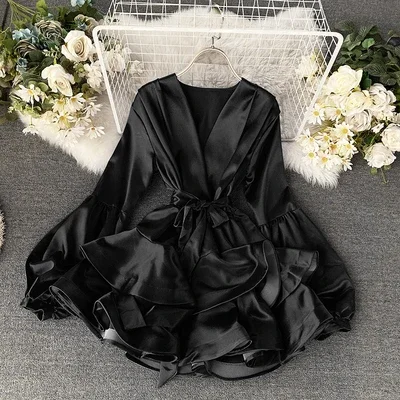 

Neploe V Neck Lantern Long Sleeve Candy Color Dress Women High Waist Hip Ruffles Patch A Line Vestidos Stain Spring Party Robe