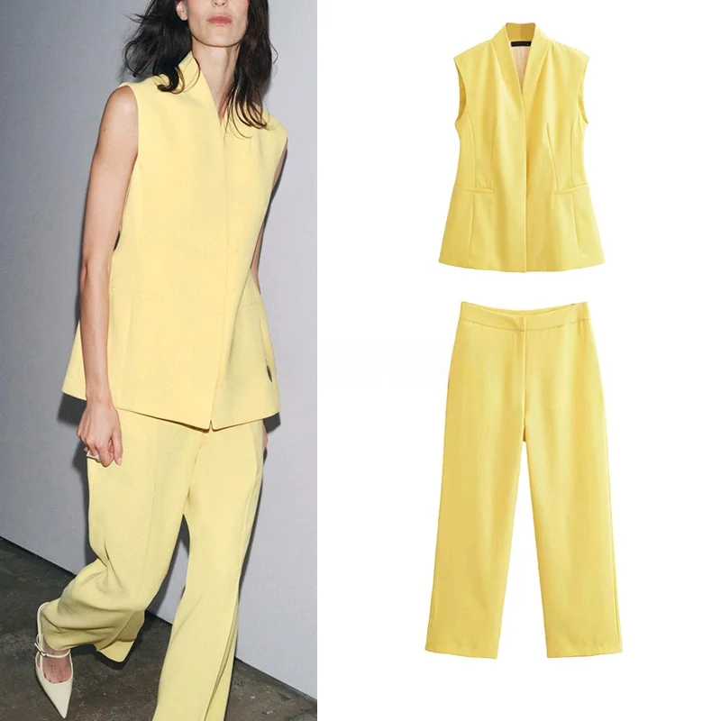 

Summer New Women's Commuter Sle Svel V-Ne Button Decorated Vest Top plus Casual Comfortable Suit Long Pants Set