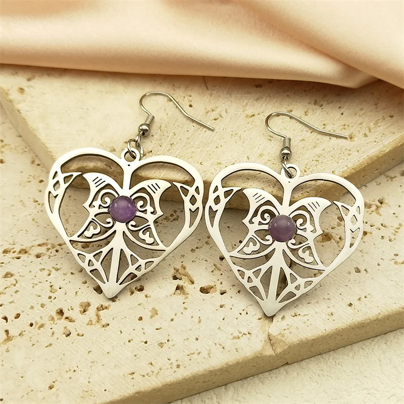 Witch Celtic Knot Drop Earrings for Women Purple Crystal Stainless Steel Hollow Wicca Dangle Earring Jewelry E3760SRS02