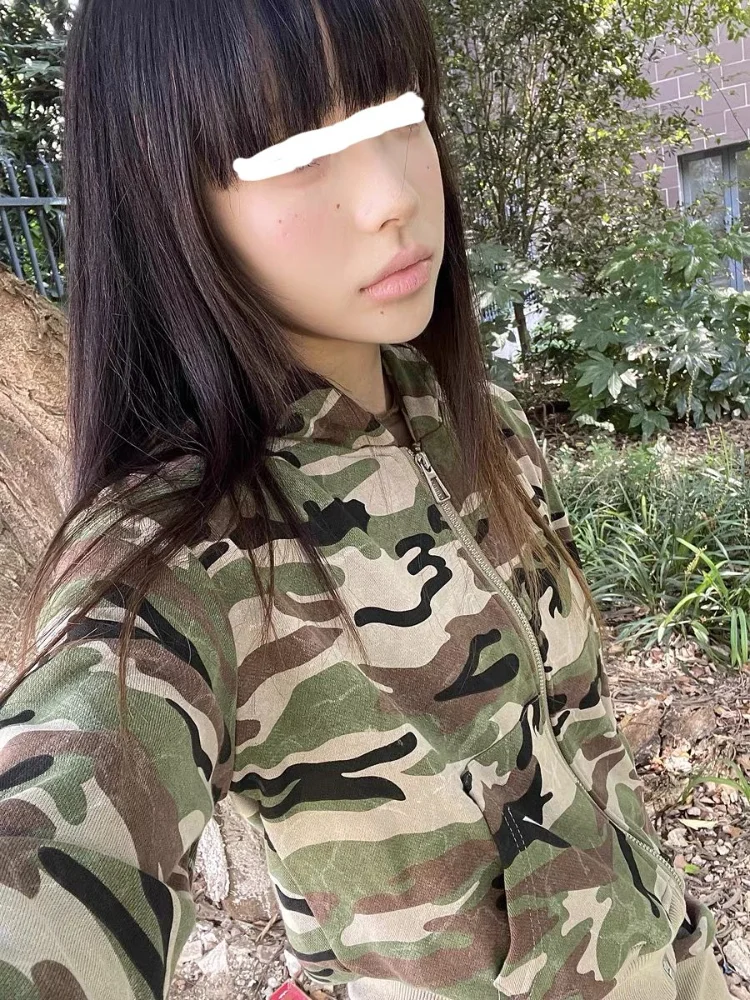 Vintage Street Hoodie Sweatshirt Coat Women Simple All-match Camouflage Tops Mujer Y2k Grunge Long Sleeve Zipper Jackets