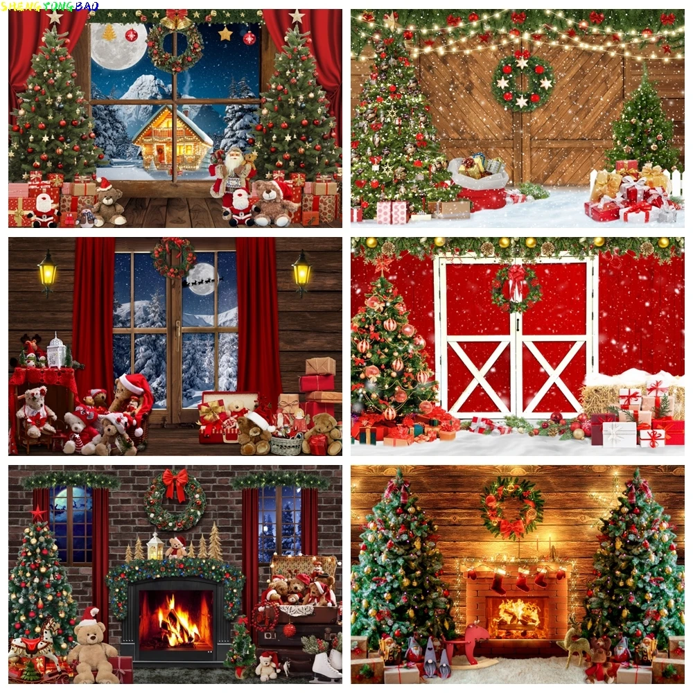 Weihnachtshintergrund Holzboden Fenster Mond Weihnachtsbaum Bärenpuppe Party-Dekoration Fotohintergrund Baby Kinder Porträt Fotografie Requisiten