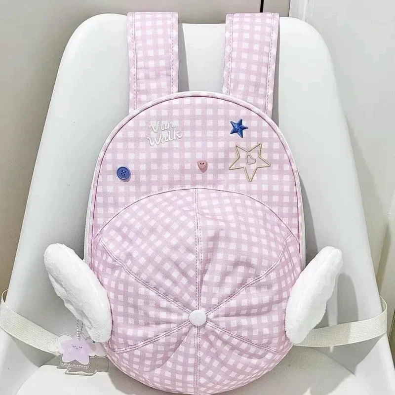 Y2K 3D Wings Star Hat Backpacks Student Commuter Travel Button Backpacks Lightweight High Capacity Leisure Backpacks No Pendant