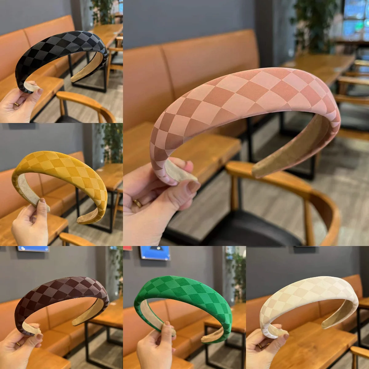 

Checkerboard Pattern Wide Headband Hairband, PU Leather High Crown Design Hair Hoop, Retro Elegant Hair Accessories Headwear