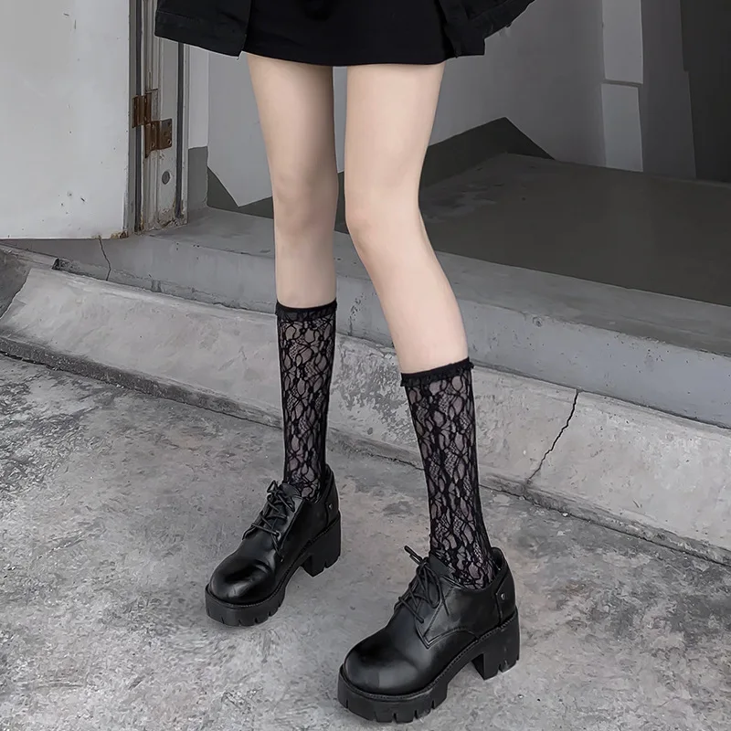 Sexy Internet Celebrity Home Wear with Short and Mid-Calf Length Calf Pile Style White Lace Lace Stockings Female Summer and Aut