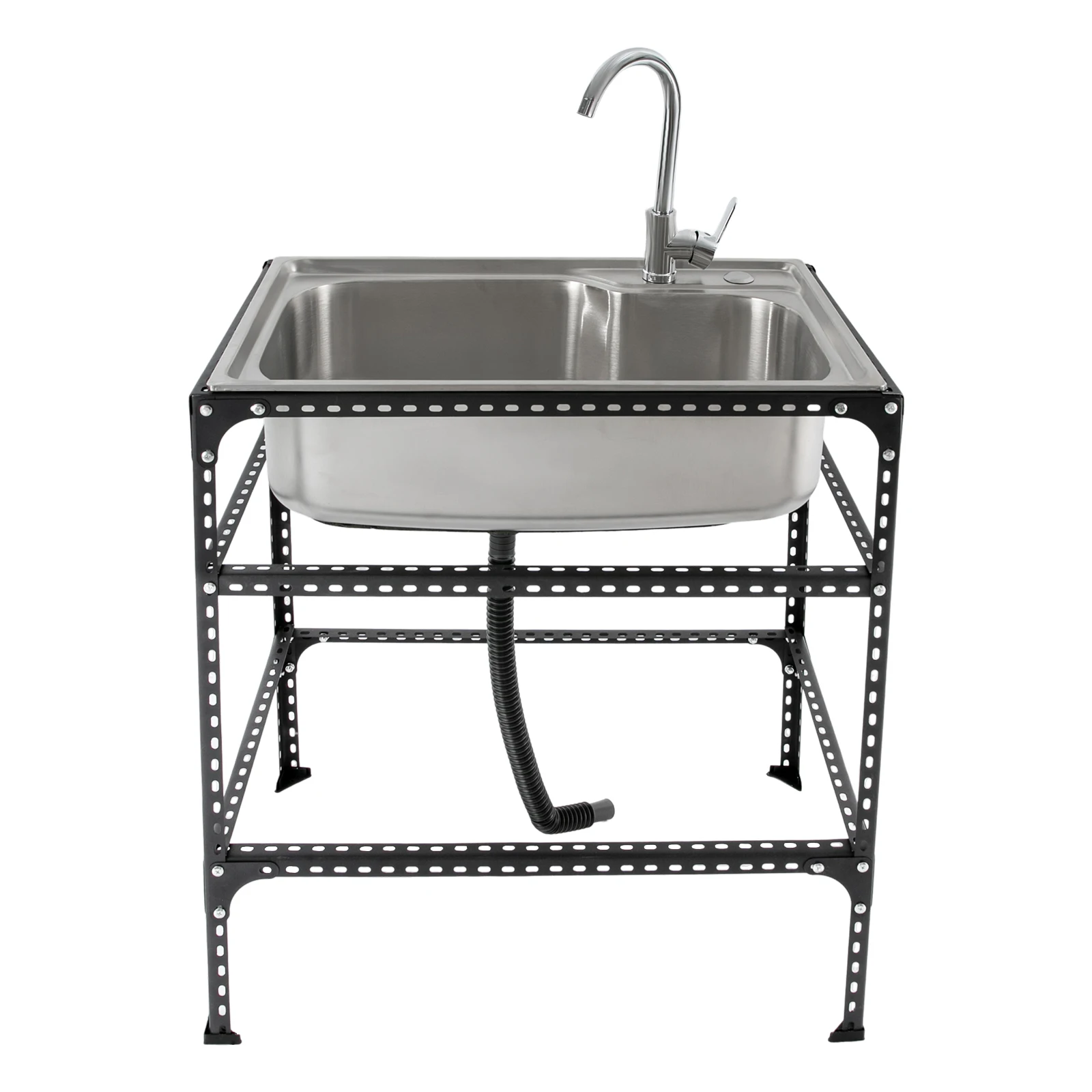 Stainless Steel Kitchen Sink with Foldable Faucet, Raised Edges, Anti-Condensation Layer, Drainer, Water Pipes, Bracket