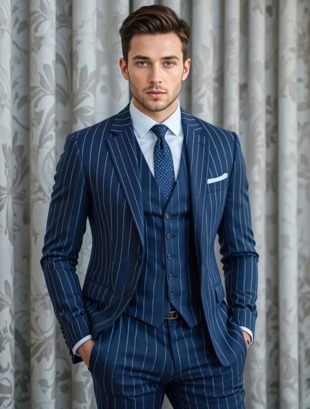 Navy Blue Pinstripe Suit Set Men 3 Piece Notch Lapel Slim Fit Blazer Vest Pants Formal Outfit For Wedding Gentleman Customized