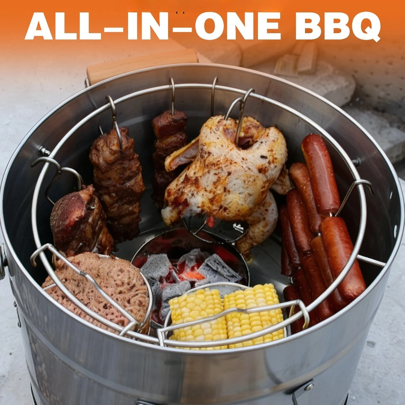 OEM Custom Logo Vertical Drum Smoker - Premium Rust-Resistant Stainless Steel Charcoal BBQ Oven with Versatile Cooking Hooks