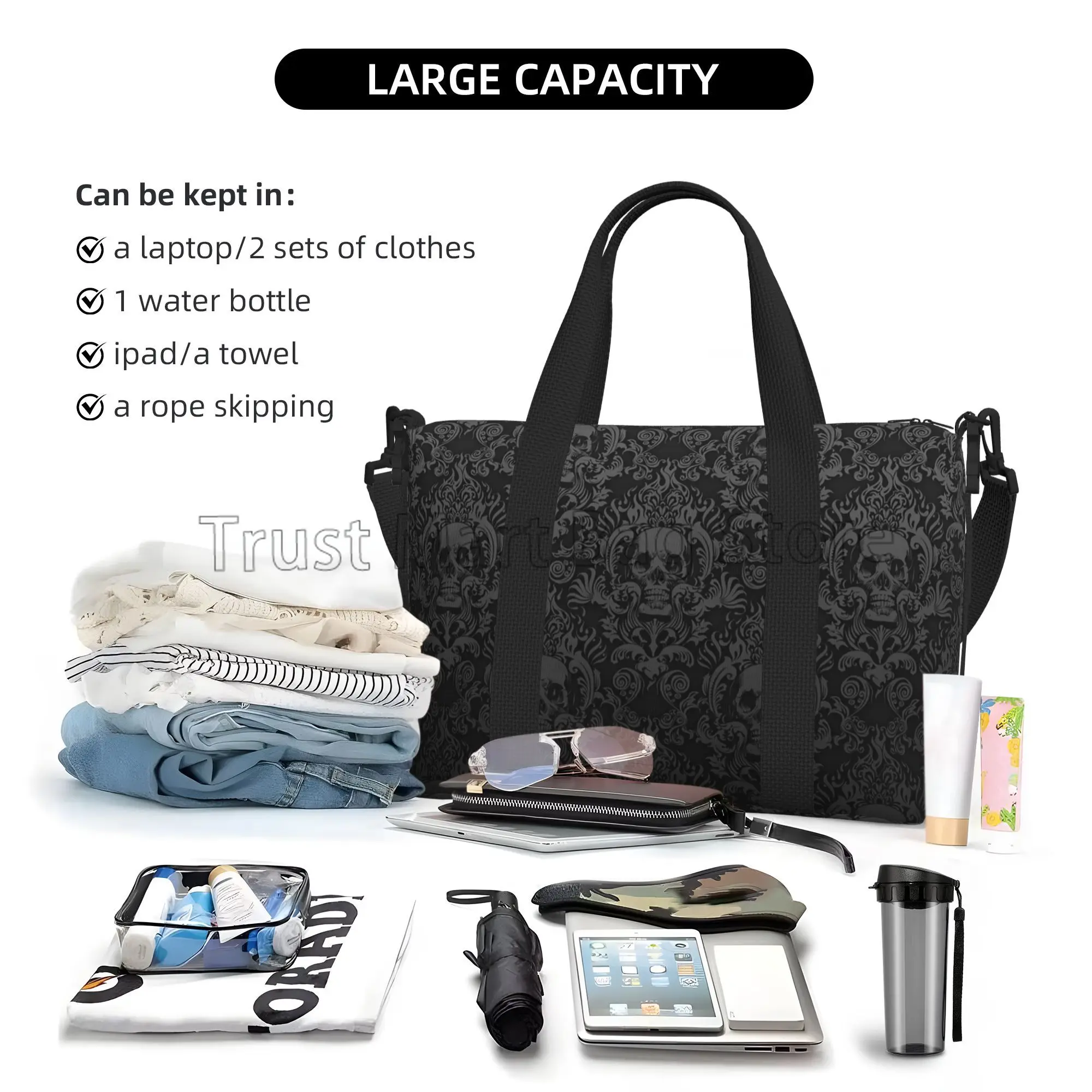 Gothic Black Skull Damask Print Hand Travel Bag Multipurpose Weekender Bags Unisex Casual Waterproof Sports Yoga Luggage Bag