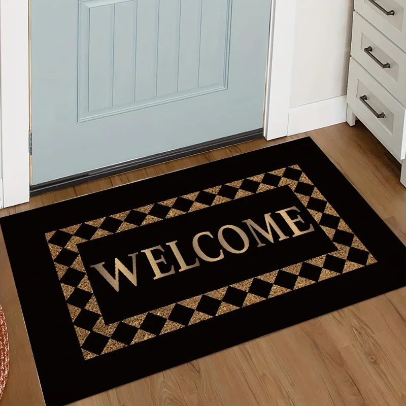 Black Welcome Doormat with Gold Lettering - Elegant Geometric Border Non-Slip Entrance Mat for Front Door Home Decoration Rug