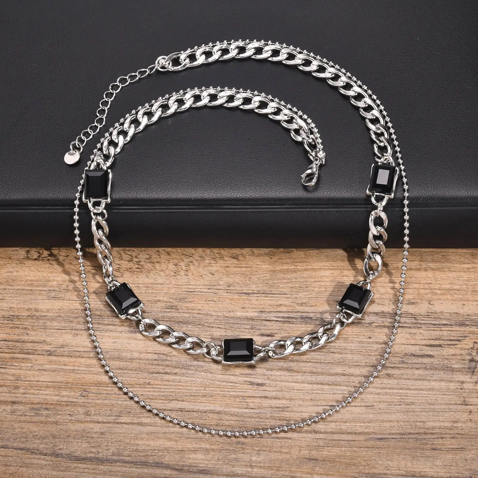 Mprainbow Double Layers Chain Necklaces for Men Women,Black Cubic Zirconia Stone with NK Chain Mini Bead Chains,Unisex Jewelry