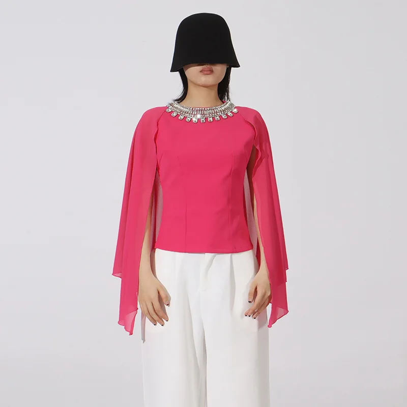 HKSH Women Chic Top O-neck Studded Diamonds Shawl Sleeves Slim Fit Elegant High-end Trendy Fashion Tee New Spring Summer HK20671