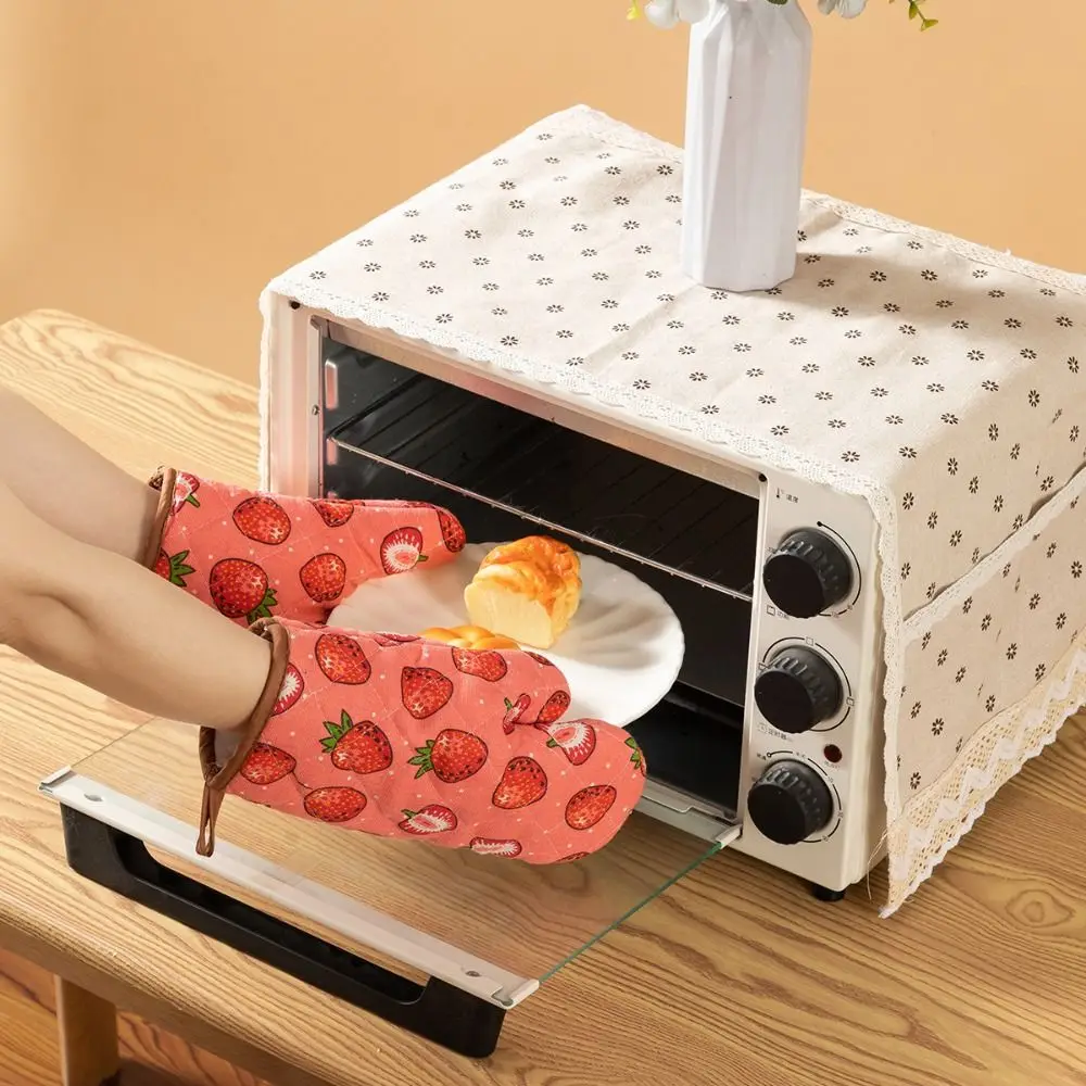 2pcs Heat Resistant Cotton Oven Mitts Thickened Anti-scald Kitchen Microwave Mittens Angled Cuff Cotton Lining