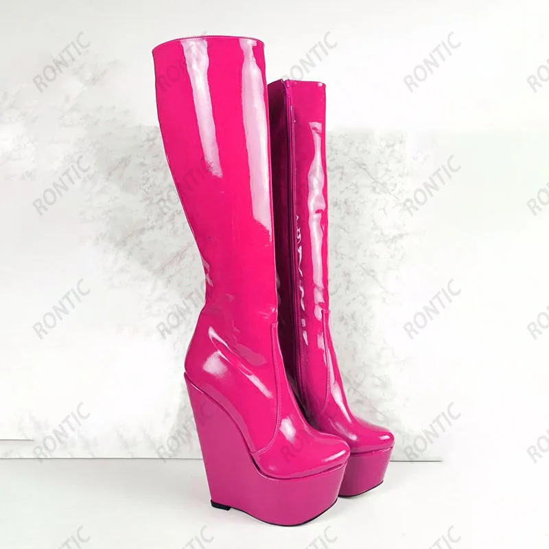 Rontic Handwork Women Winter Knee Boots Patent Full Zipper Wedges Heels Round Toe Beautiful Red Fuchsia Cosplay Shoes Size 35-52