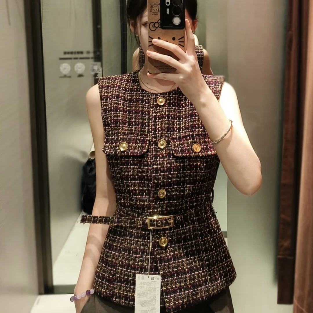 Autumn Winter New Style Women's Vest Belt Texture Small Fragrance Style Sleeveless Tank Top Outerwear Commute Style round Neck