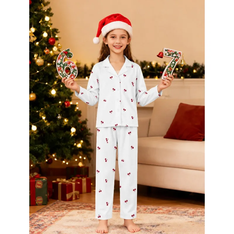 Girls Lapel Pajama Set Long Sleeve Nightwear, Assorted Rabbit Cherry Gingerbread Snowman Heart Cow Prints, Perfect Birthday Gift