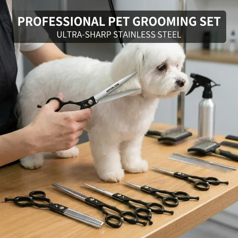 Scissors Set 6.5 Inch Pet Grooming Shears Set Straight Scissors Curved Shears Thinning Scissors Chunker Shears For JP440C