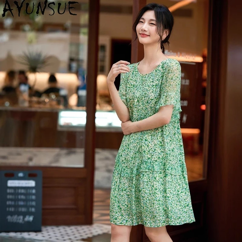 

AYUNSUE 100% Mulberry Silk Summer Dress Women Clothing Vacation Style Flared Sleeves Floral Print Dress Vestidos De Verano 2025