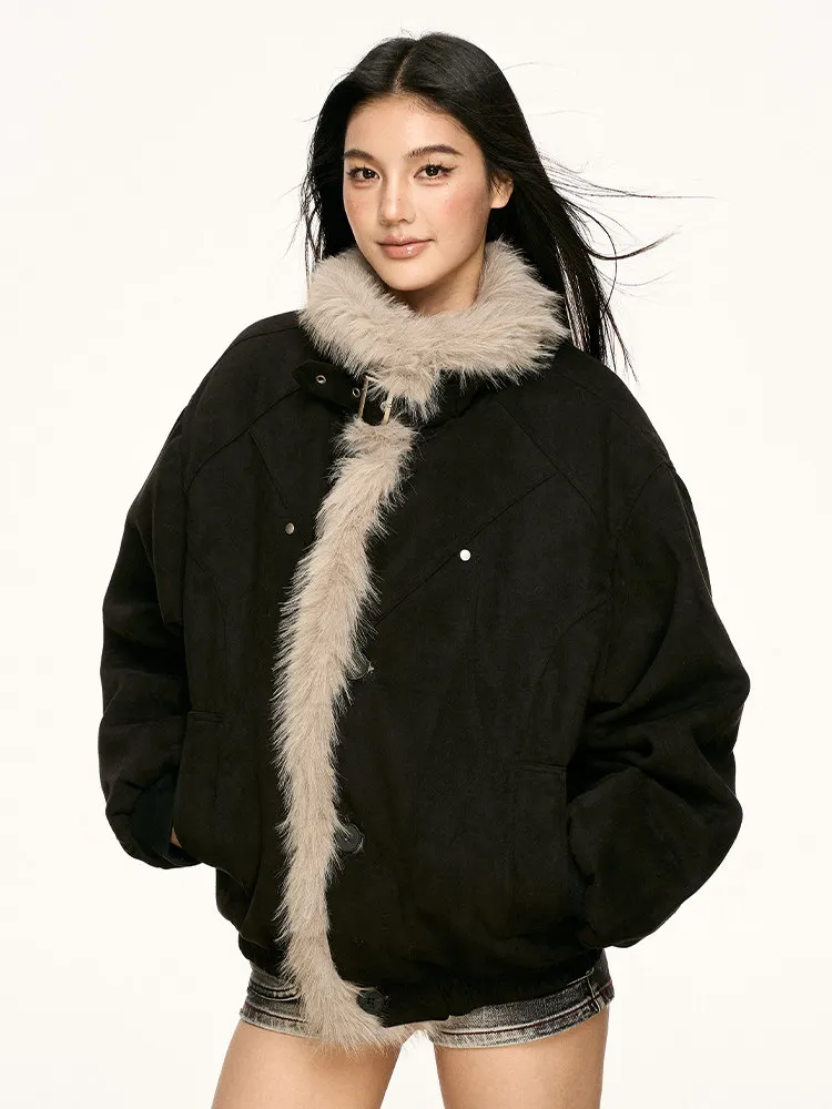 

American Deconstructed Suede Mountain Eagle Thickened Fur Collar Cotton Jacket Men Women Winter Loose Warm Versatile Cotton C...