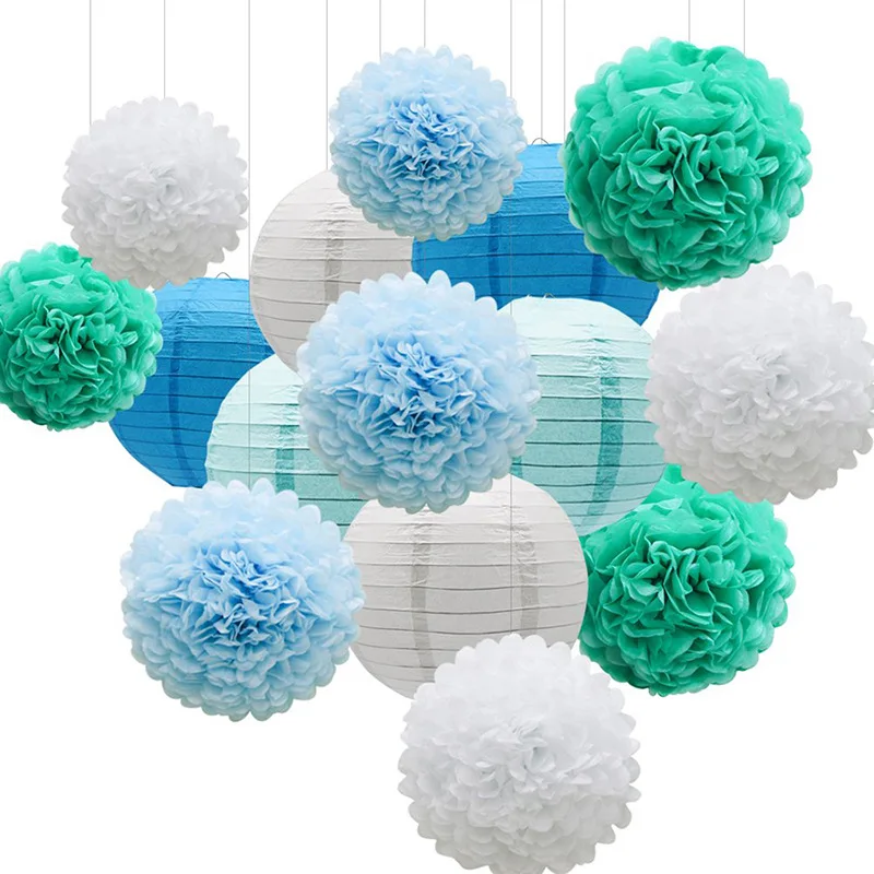 White Blue Paper Lanterns Tissue Party Flower Ball Decoration Paper Pompoms Wedding Decorative Baby Shower Birthday Favor Decor