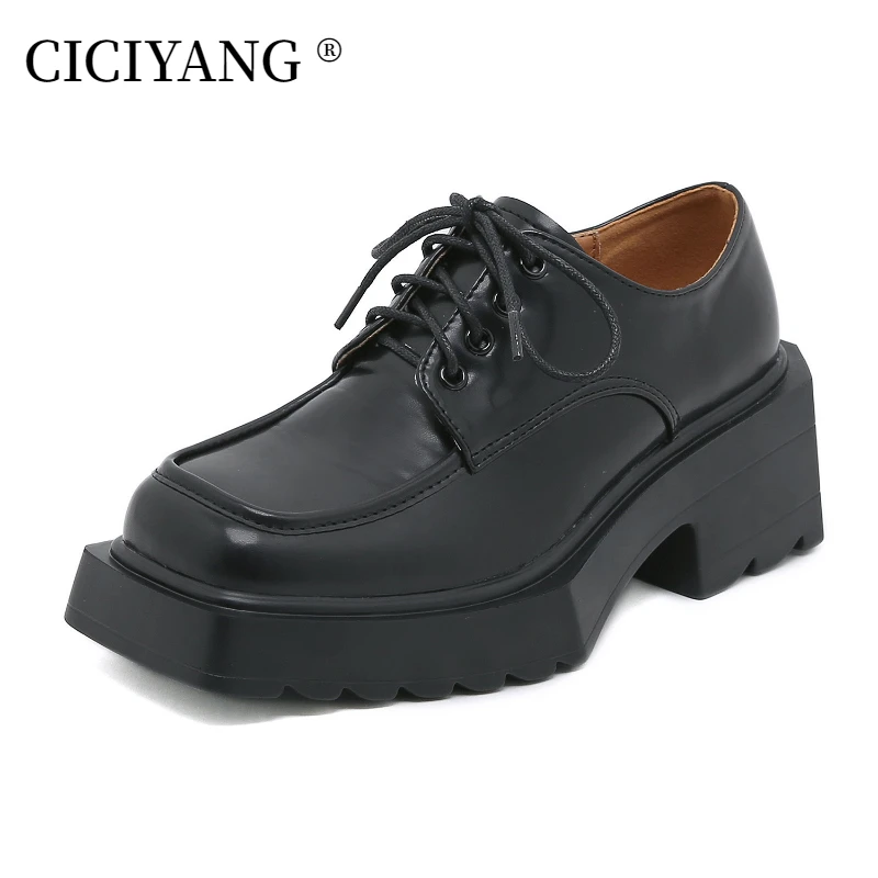 

CICIYANG Women Shoes Lace-up Leather Shoes 2024 New Spring British Style Square Head Thick Heel Loafers Ladies Black Large Size