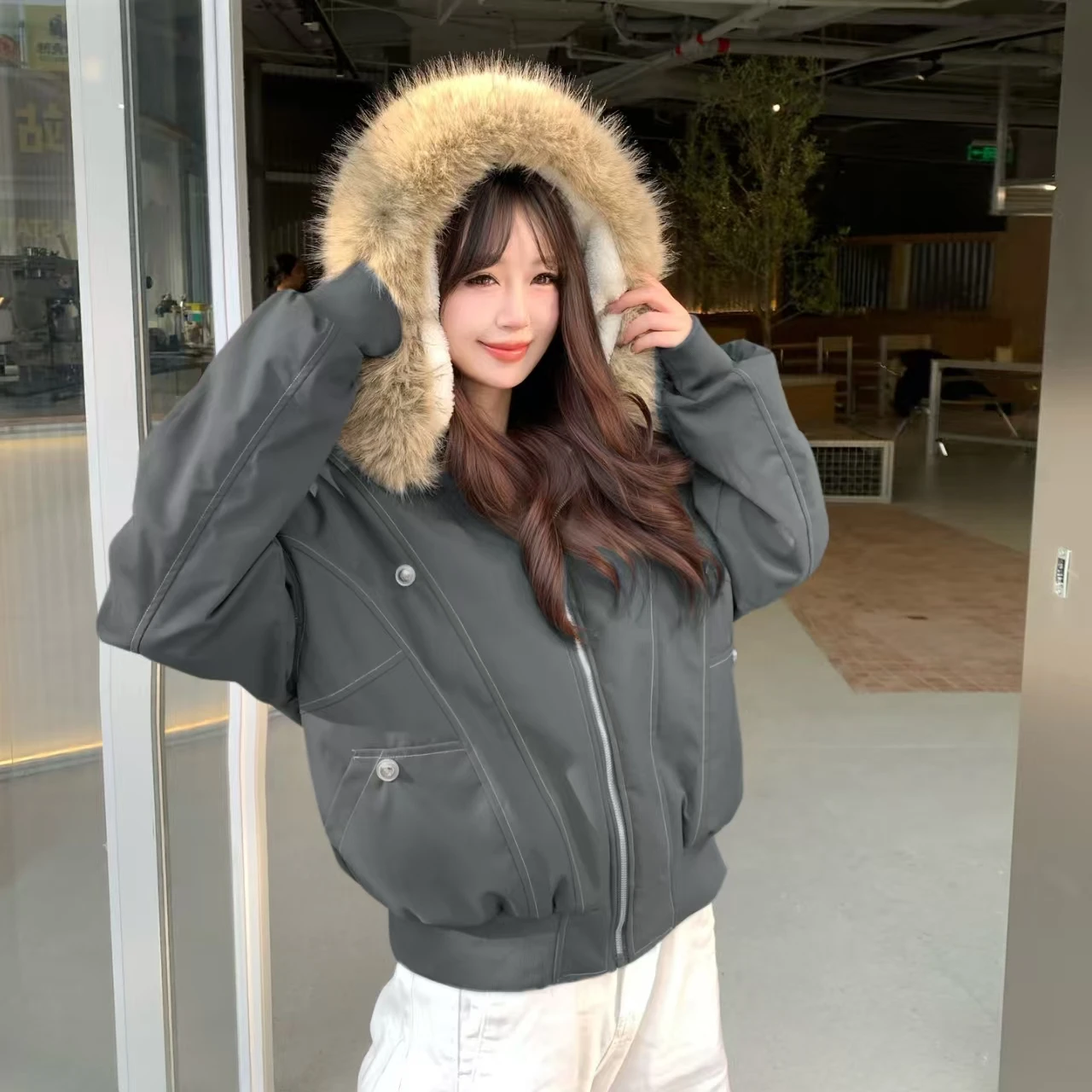 Warm Fleece Lined Jacket with Fur Collar Loose American Style Workwear Cotton Coat for Women Thickened Long Sleeve Short Style