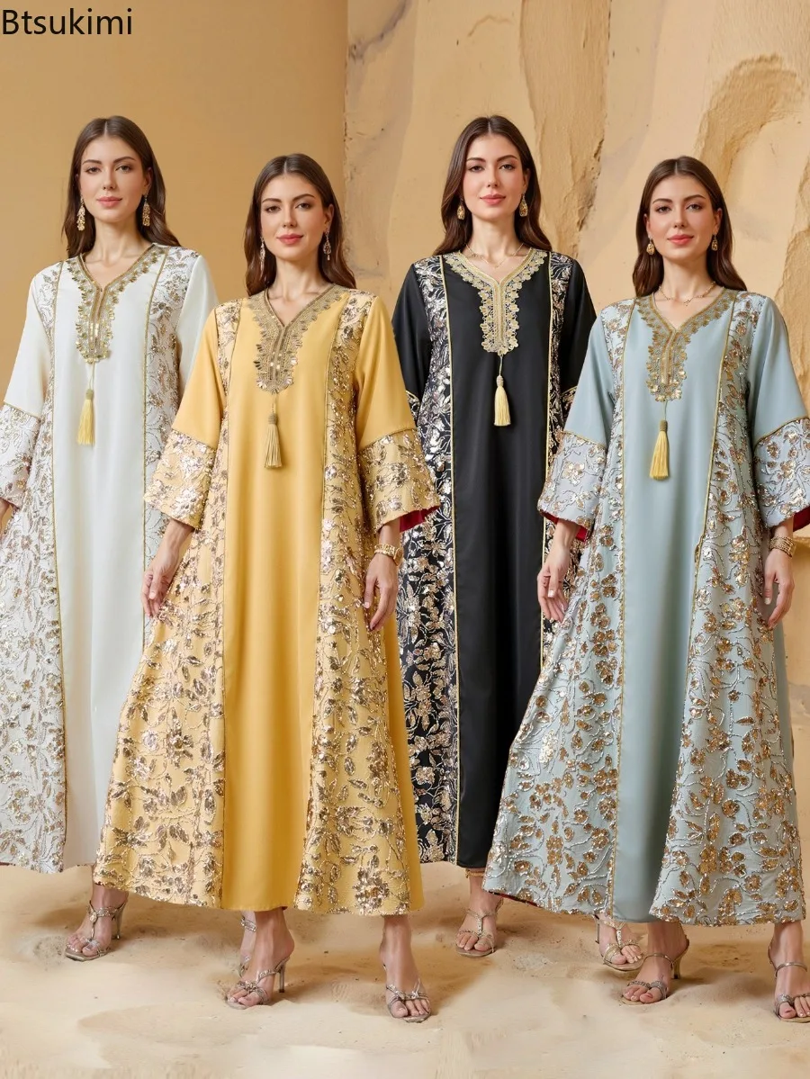 

Middle Eastern Muslim Fashion Robe Women Abaya Luxury Sequins Elegant Party Evening Dresses Dubai Kaftan Islamic Women Clothing